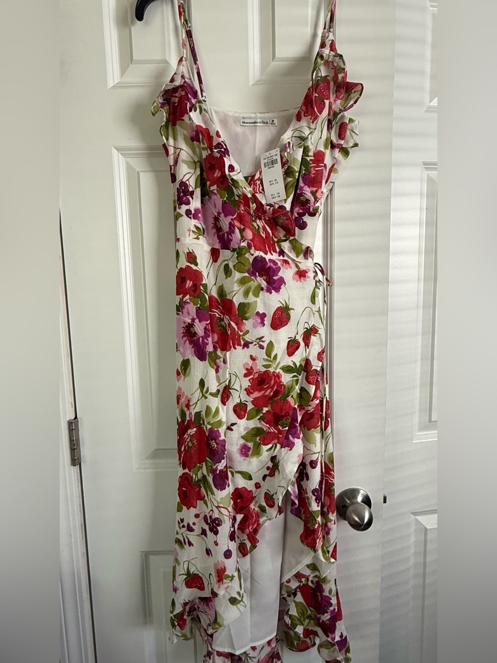 Floral Ruffle Wrap Dress for women or juniors - White with Pink & Red Roses